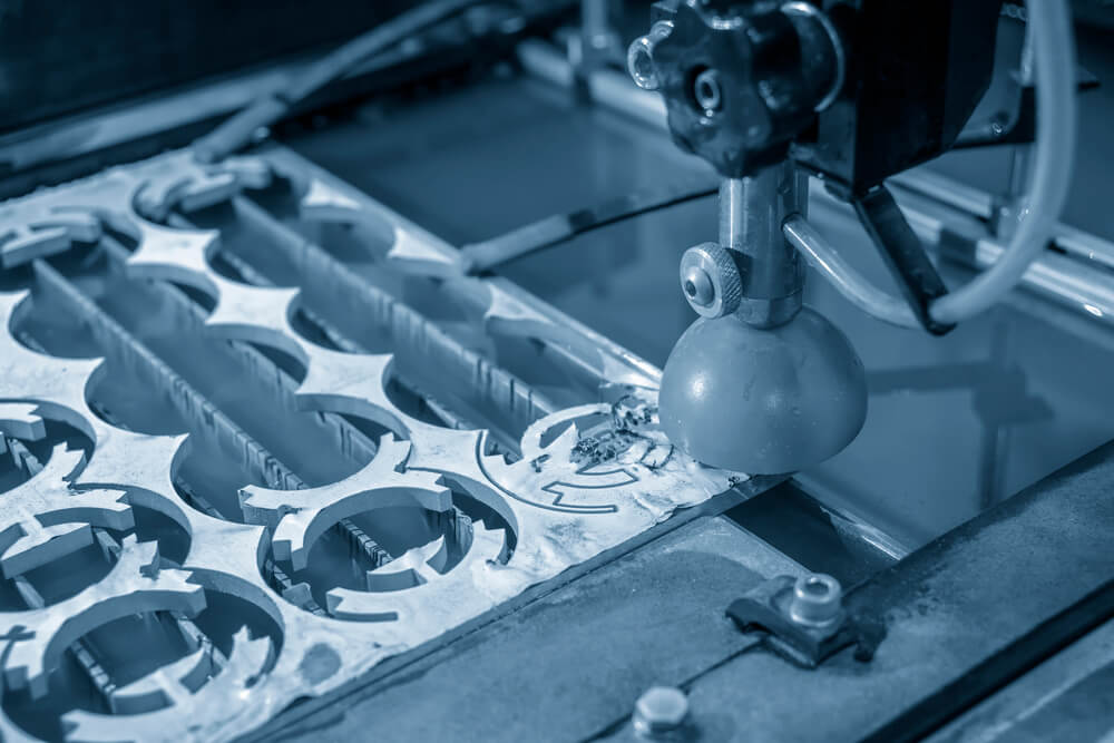 The abrasive water jet machine in setup process.Hi-technology metal cutting process. — Photo