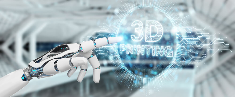 Robot white hand on blurred background using 3D printing digital hologram 3D rendering. — Photo